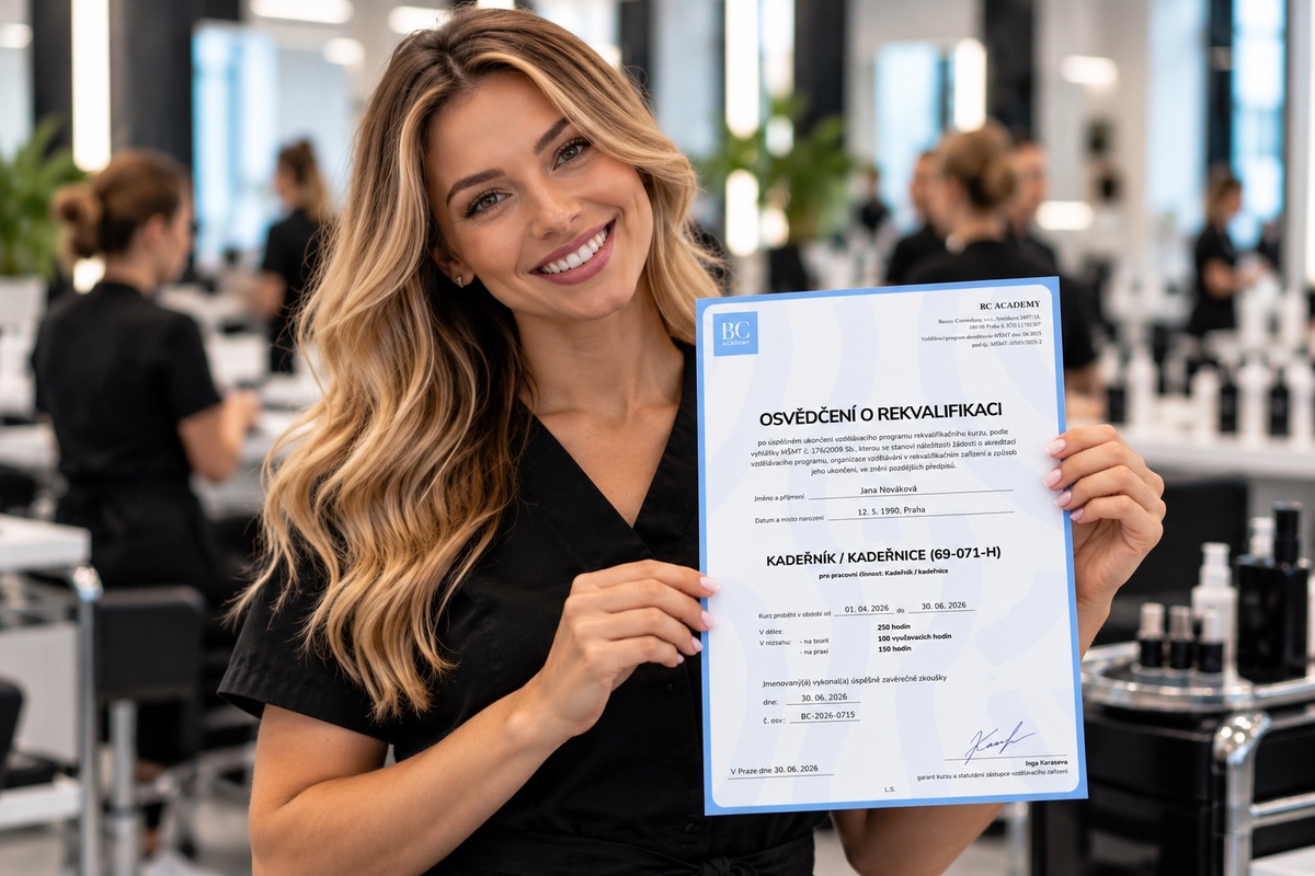 Выпускница BC Academy с официальным свидетельством (osvědčení) Kadeřník/kadeřnice